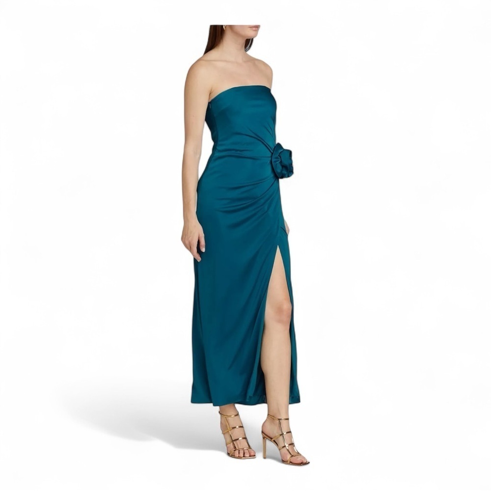 ML Monique Lhuillier Corinne Strapless Rosette Midi-Dress in Peacock NWT